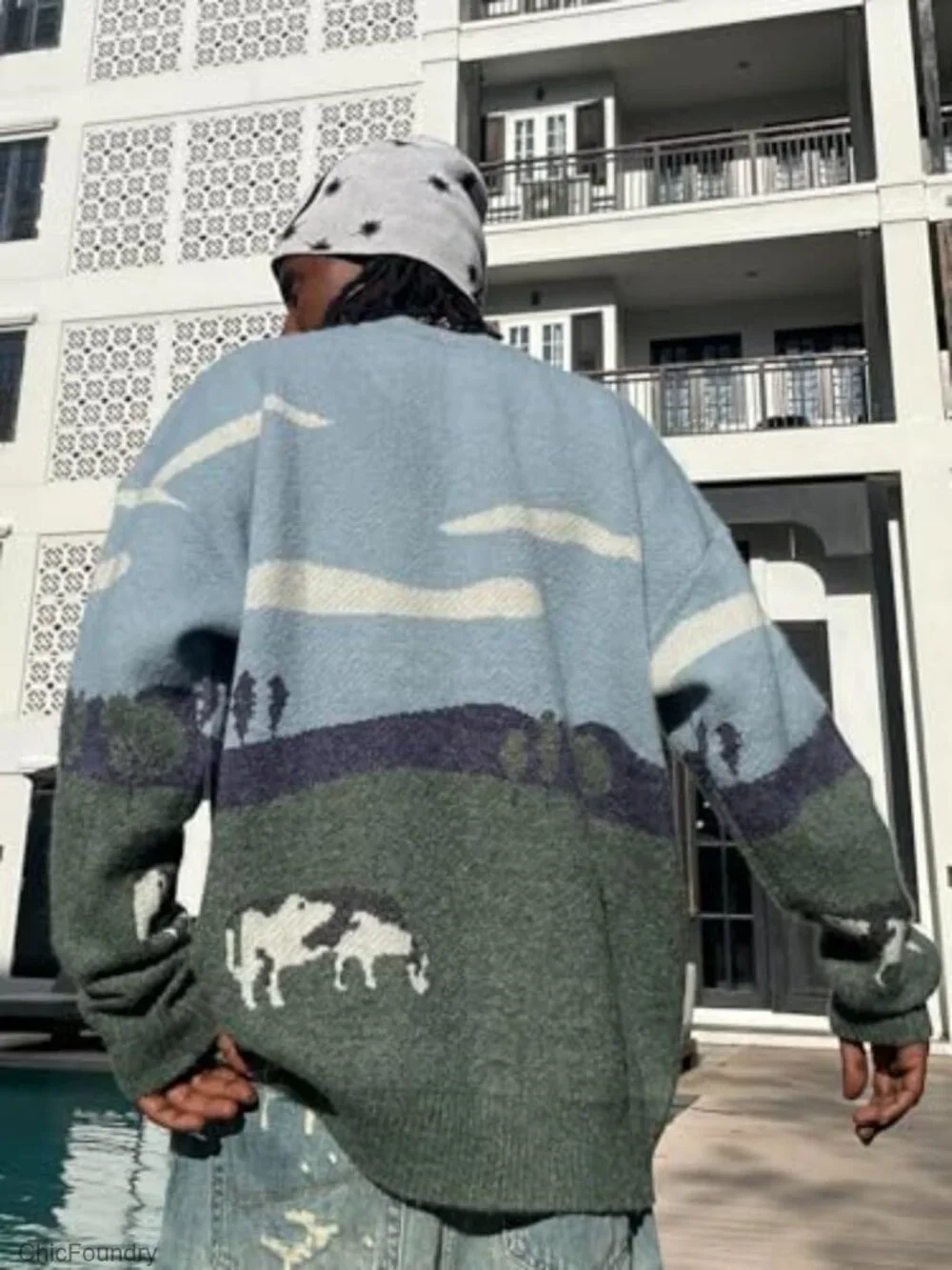 Men Oversized Cable Knit Pullover Graphic Sweater Crewneck Cute Y2K Unisex - Picture 5 of 5